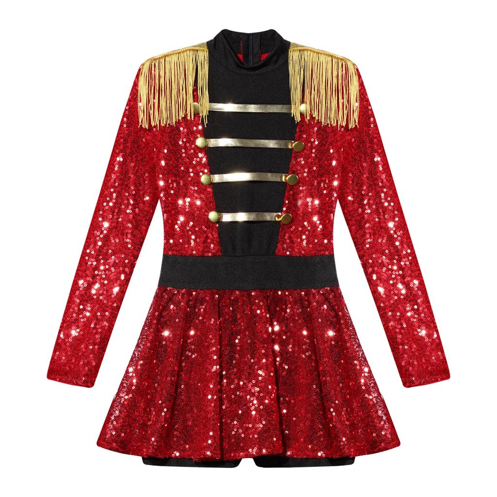 Girls Ringmaster Circus Costume Long Sleeve Tassel Epaulet Shiny Sequins Design Jumpsuit Dress