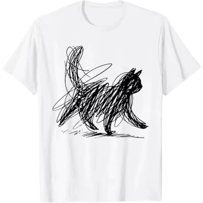 Minimalist Cat Art T Shirt Oversized Humor T Shirts Fashion Trendy Streetwear Casual Loose Streetwear Print O Neck Tops Unisex
