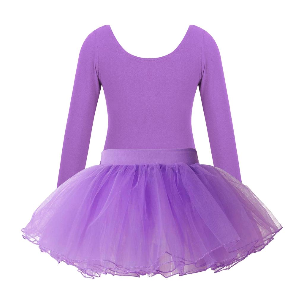 Girls Ballet Dance Wear Long Sleeve Round Neck Leotard Elastic Waist Tutu Layered Skirt Performance Outfit