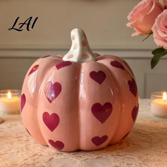 Seasonal Interior Decorations Pink Ceramic Pumpkin with Heart Pattern Artificial Figurine Decor Fall Tabletop Ornaments for Harvest Thanksgiving