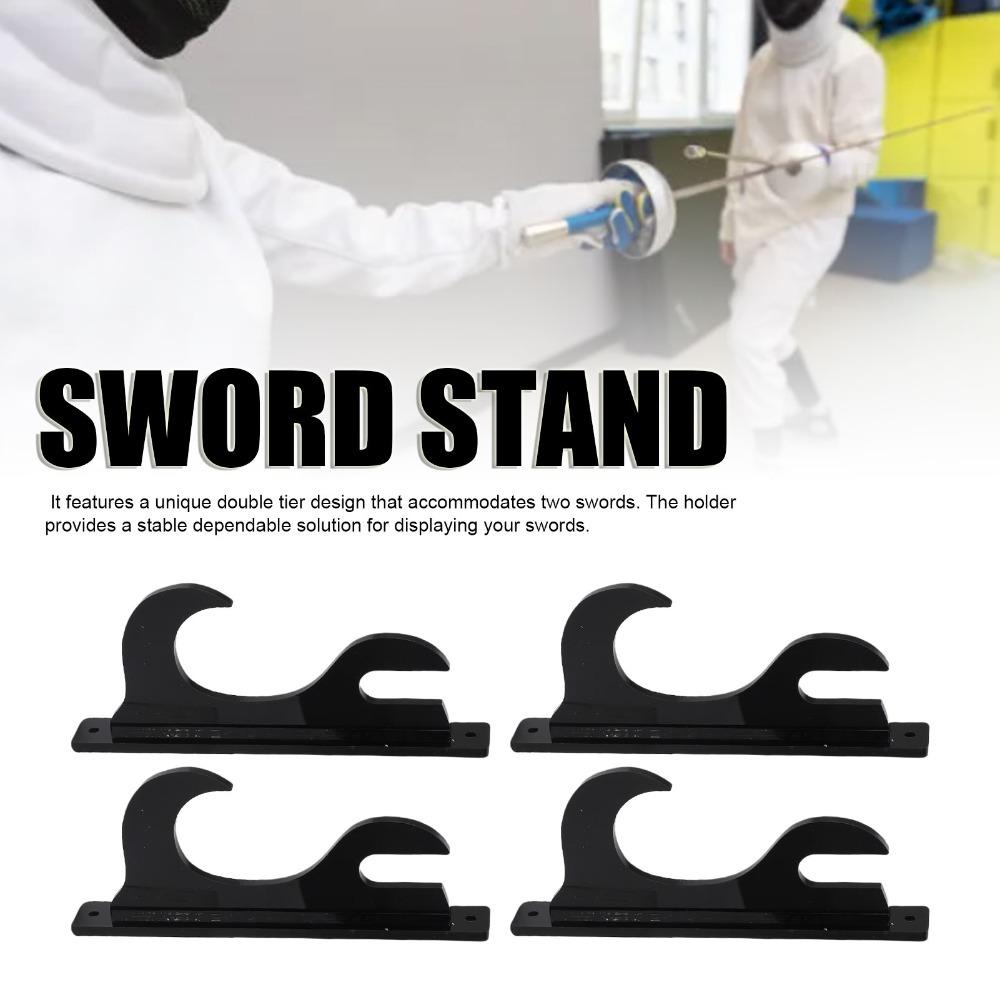 4Pcs Black Wall Mount Sword Stand 16.5x7cm 2 Tier Sword Rack Living Room Display