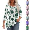 Women's Fashionable Casual Pleated Round Neck Casual Floral Print Seven Quarter Sleeved T-shirt Top