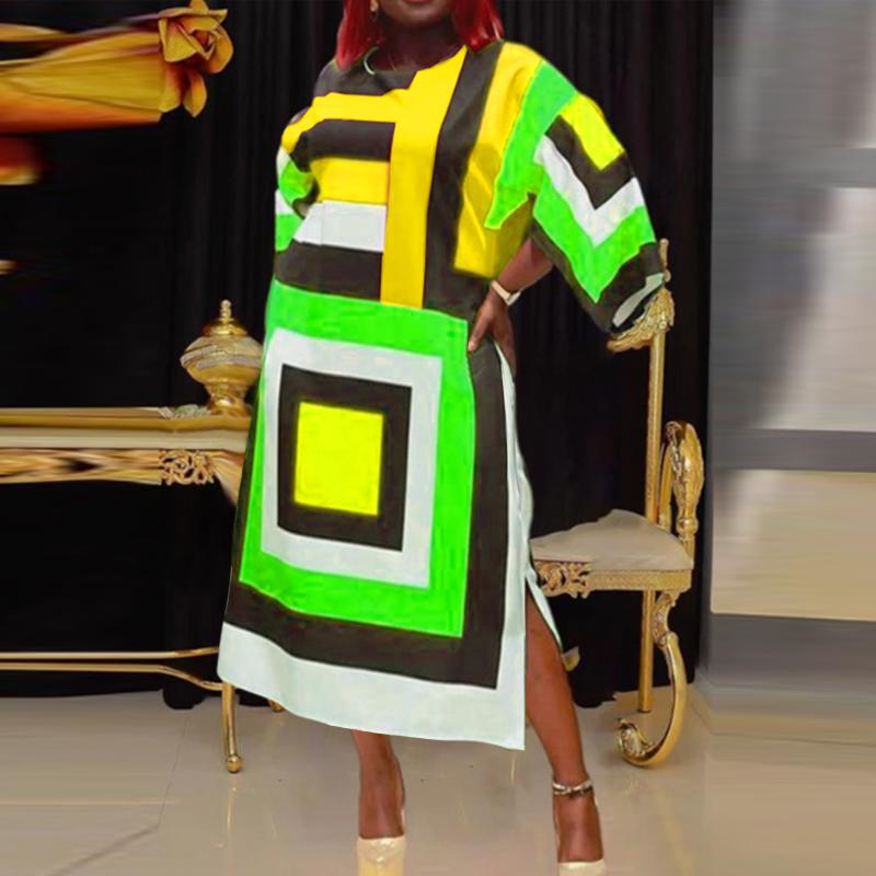 Women Plus Size Round Neck Long Sleeve Square Print Dresses