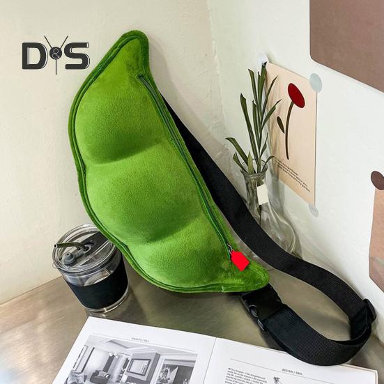 Сумка через плечо в форме зеленой сои, плюшевая сумка на молнии, нагрудная сумка с регулируемым ремнем для походов и активного отдыха на свежем воздухе