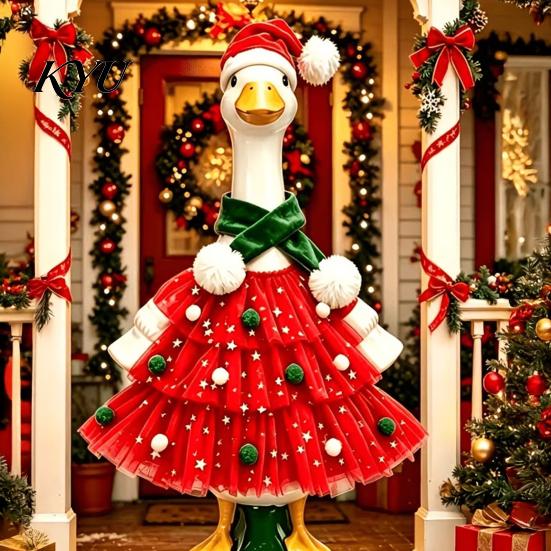 Christmas Goose Outfit Porch Outfit, Santa Dress with Plush Scarf And Outdoor Ornament Hat Apparel, Festive Winter Holiday Costume for Lawn Statue