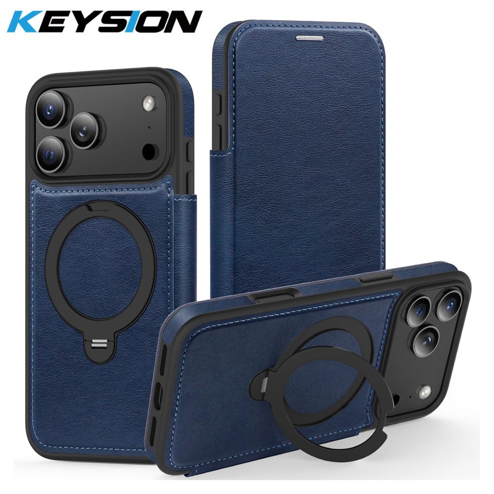 KEYSION Кожаный кошелек-книжка для iPhone 15 16 17 Pro Max Air 16Plus 16e Слот для карт Магнитный 360 Кольцо-подставка Задняя крышка телефона