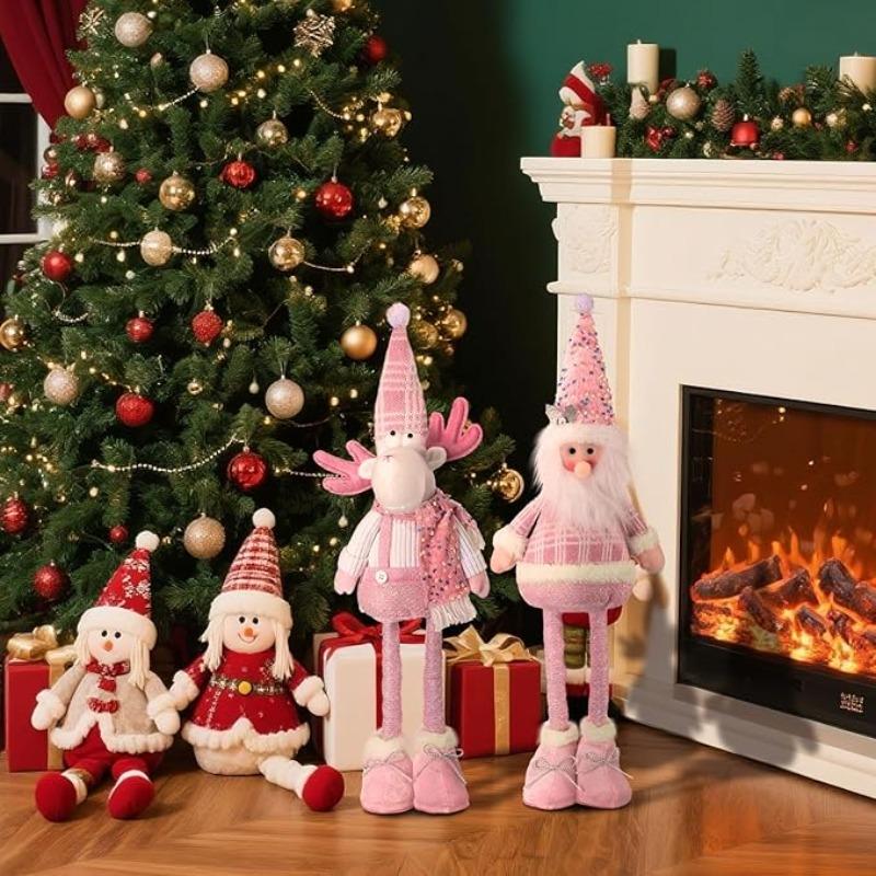 Pink Sequin Poseable Doll Christmas Snowman Santa Reindeer Winter Window Decoration Plush Hat Scarf Indoor Holiday Decor