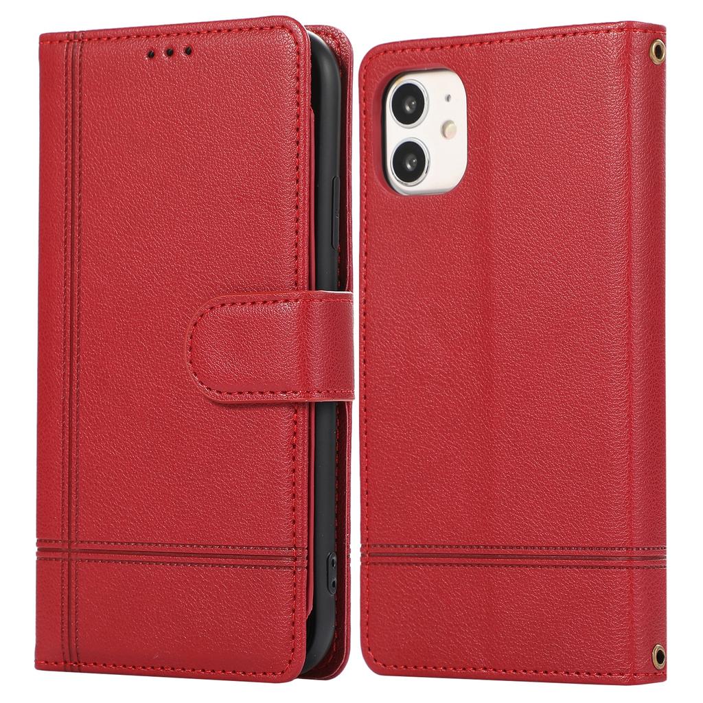 For iPhone 11 Cell Phone Case Lines Imprinted Built-in Mirror Anti-drop Leather Cover with 2 Straps