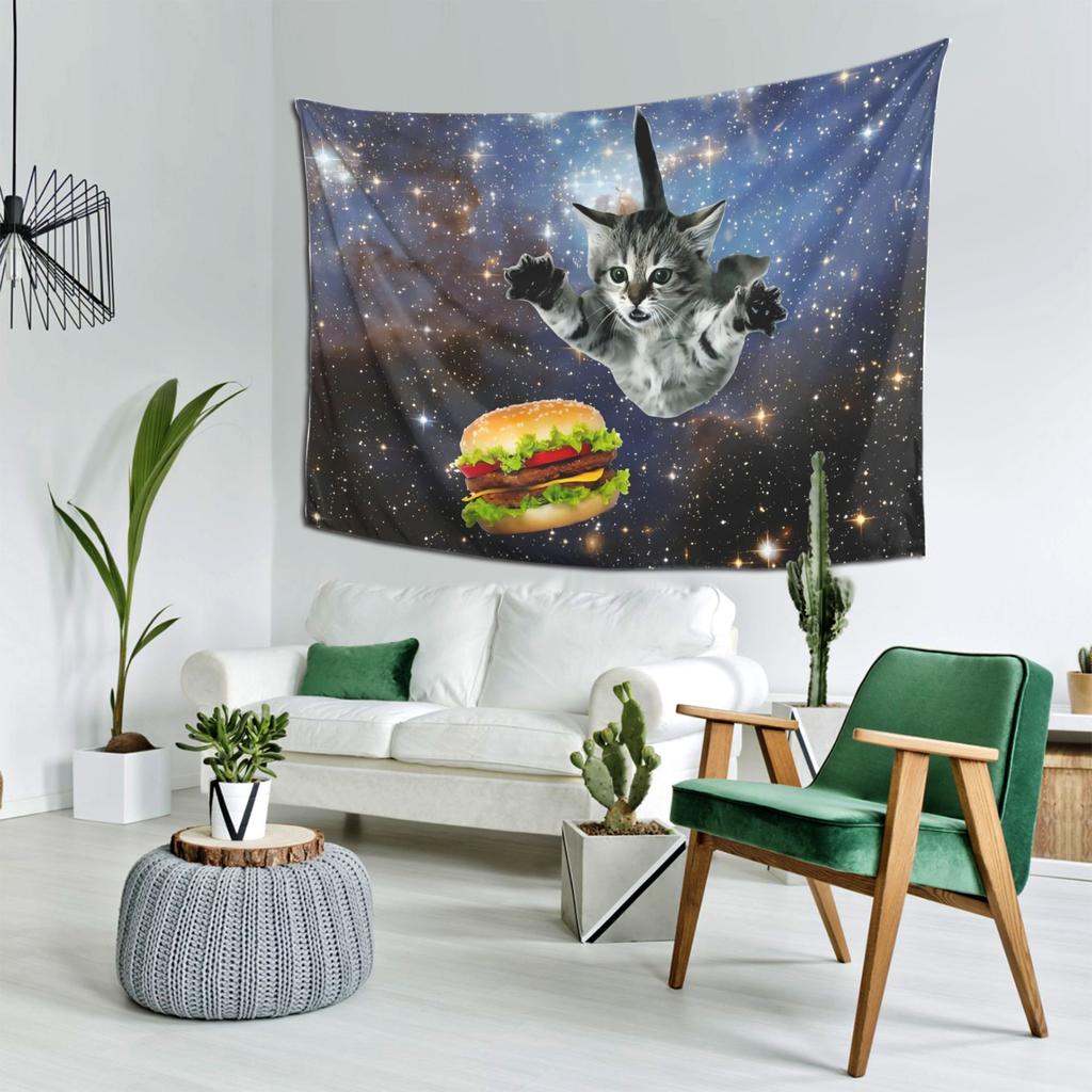 Space Cat Burger Tapestry 2DSingle Print Whimsical Stylish Decorative Wall Tapestry Home Bedroom Living Room Playful Space Decor