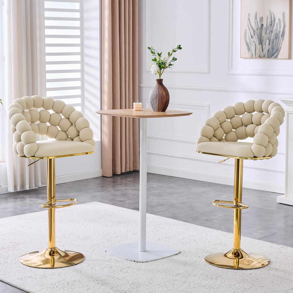 Cream White Velvet Bar Stools Set of 2 – Ball-Chain Backrest, Gold-Plated Adjustable Frame, Stylish for Kitchen Island, Home Bar & Dining Area