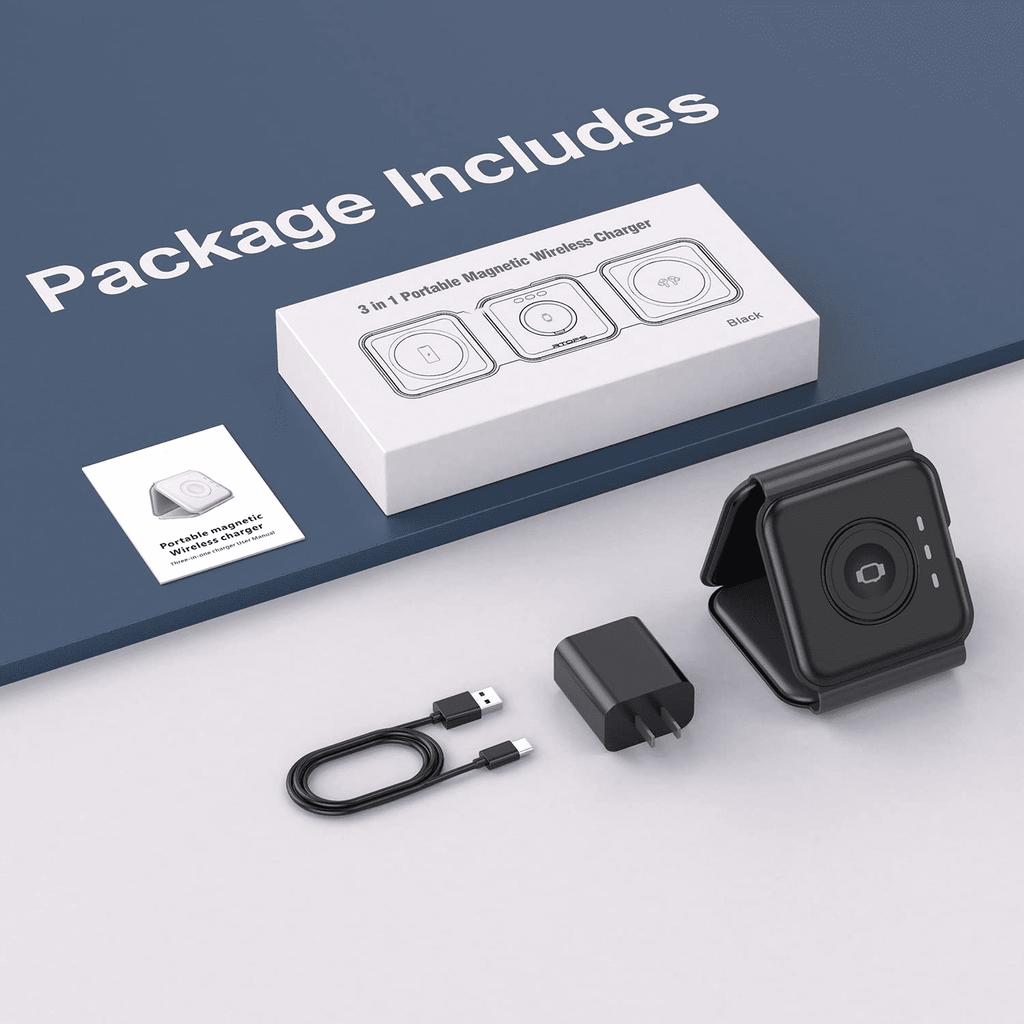 3-in-1 Wireless Charging Pad Portable Magnetic Foldable Travel Charger with Adapter for iPhone 13/12/Pro/Max, iWatch, AirPods 3/2/Pro, Black
