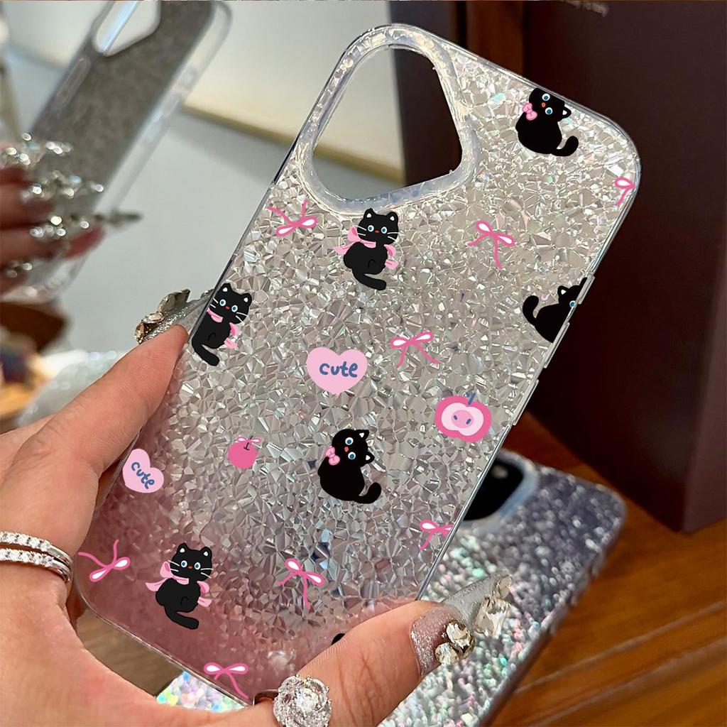 Чехол для iphone XS Max XR 12 Air 11 17 Pro 16 Plus 13 15 18 Pro Max 14 Черные Кошки и Розовые Блестки Трескающийся Фольгированный Акриловый TPU Чехол для Телефона