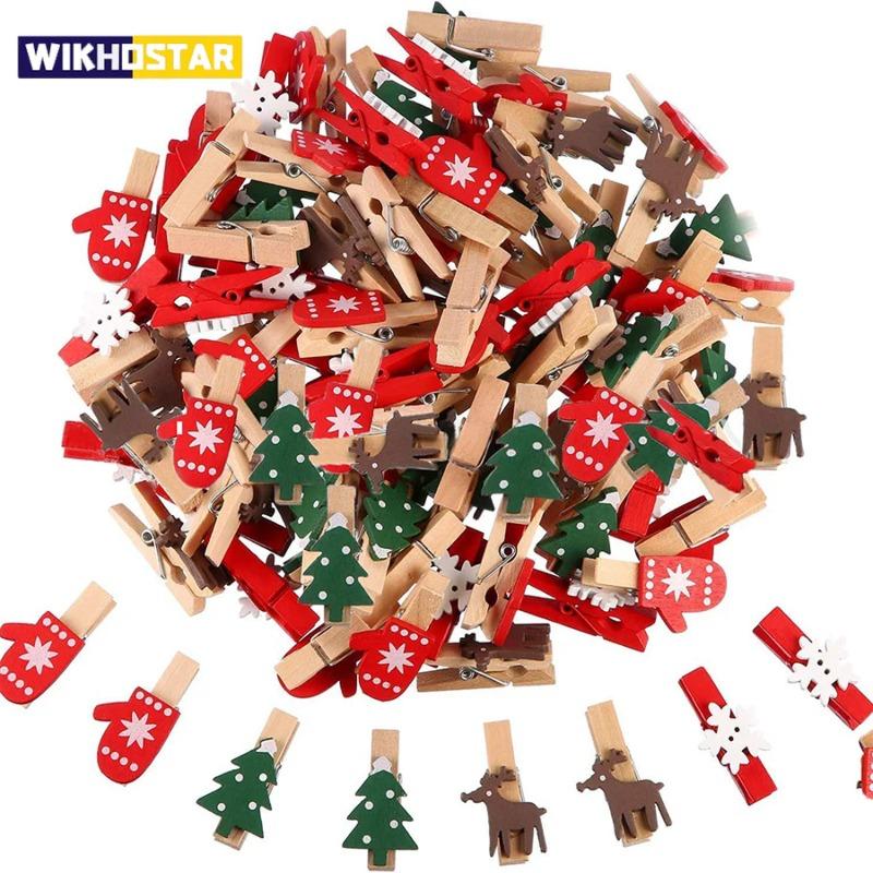 10pcs Mixed Christmas Wood Clips Christmas Tree Photo Clips Elk Gloves Snowflake Clothespins DIY Photo Pegs for New Year