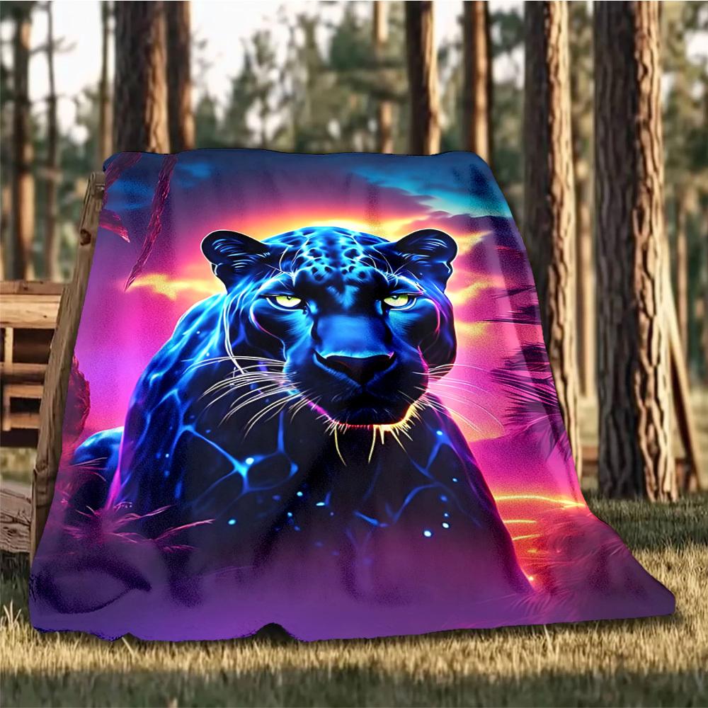 1pc Neon Panther Print Throw Blanket Polyester Fiber, Lightweight Flannel, Soft & Warm, All Season Use for Outdoor, Camping Digital Print