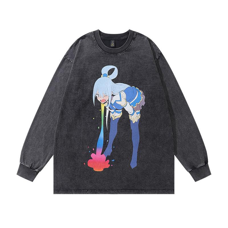 Japanese Retro Cartoon Printing Long-Sleeved Bottoming T-Shirt For Men And Women Hip-Hop Heavy Industry Washing And Doing Old Vintage Long Tee