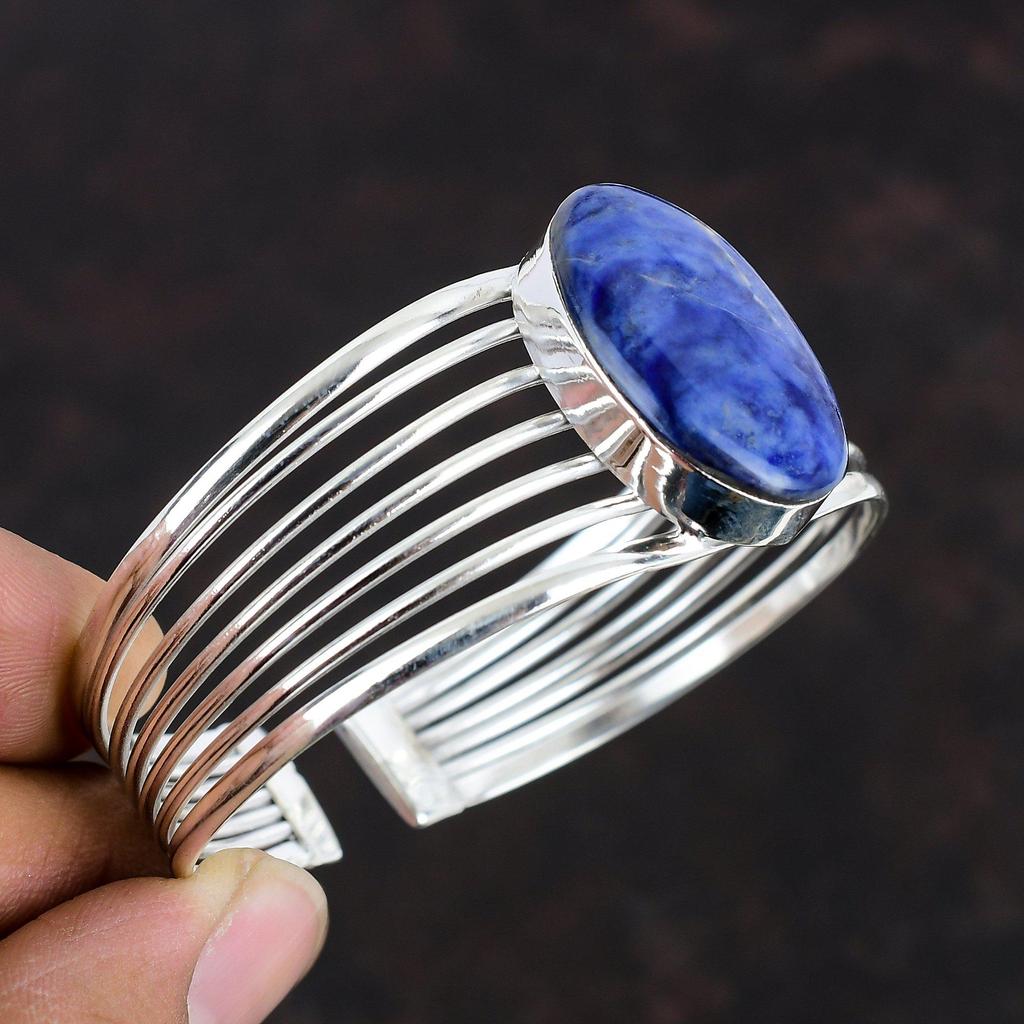 Содалит браслет-манжета уникальный браслет ручной работы из драгоценных камней, регулируемый браслет из стерлингового серебра 925 пробы, изящные ювелирные изделия, подарки для него, женский браслет