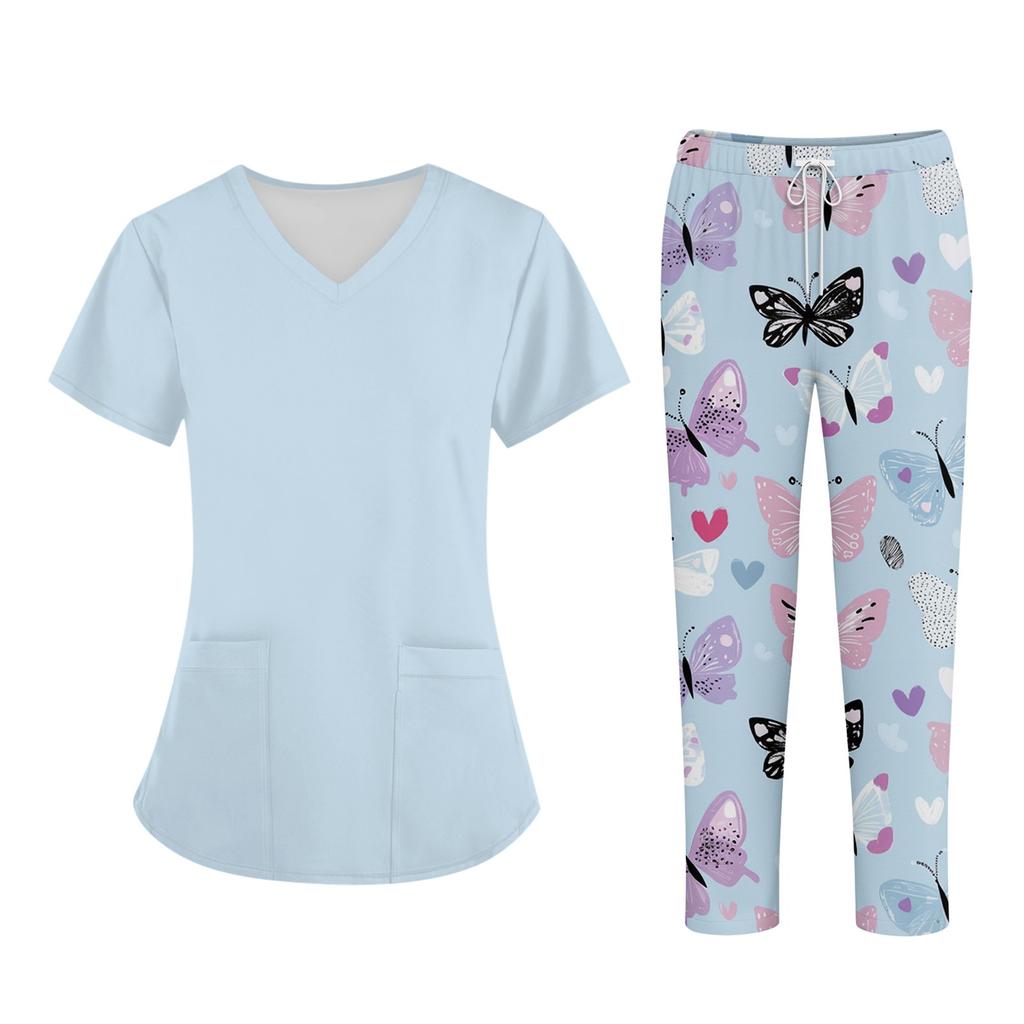 Плюс размерСкраб с принтом Рабочая форма Топы для женщин Крест V-образным вырезом Хэллоуин Принт с короткими рукавами Забавные футболки Спецодежда Футболка с карманами