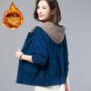 Women's Large Hooded Corduroy Jacket - Arctic Velvet, Autumn/Winter, Loose Fit, Korean Style, Perfect for Middle-aged Moms