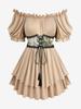 Rosegal Plus Size Ruffles Ruched Layered Floral Printed Lace-up Grommets Lace Trim Belted Off The Shoulder Dress