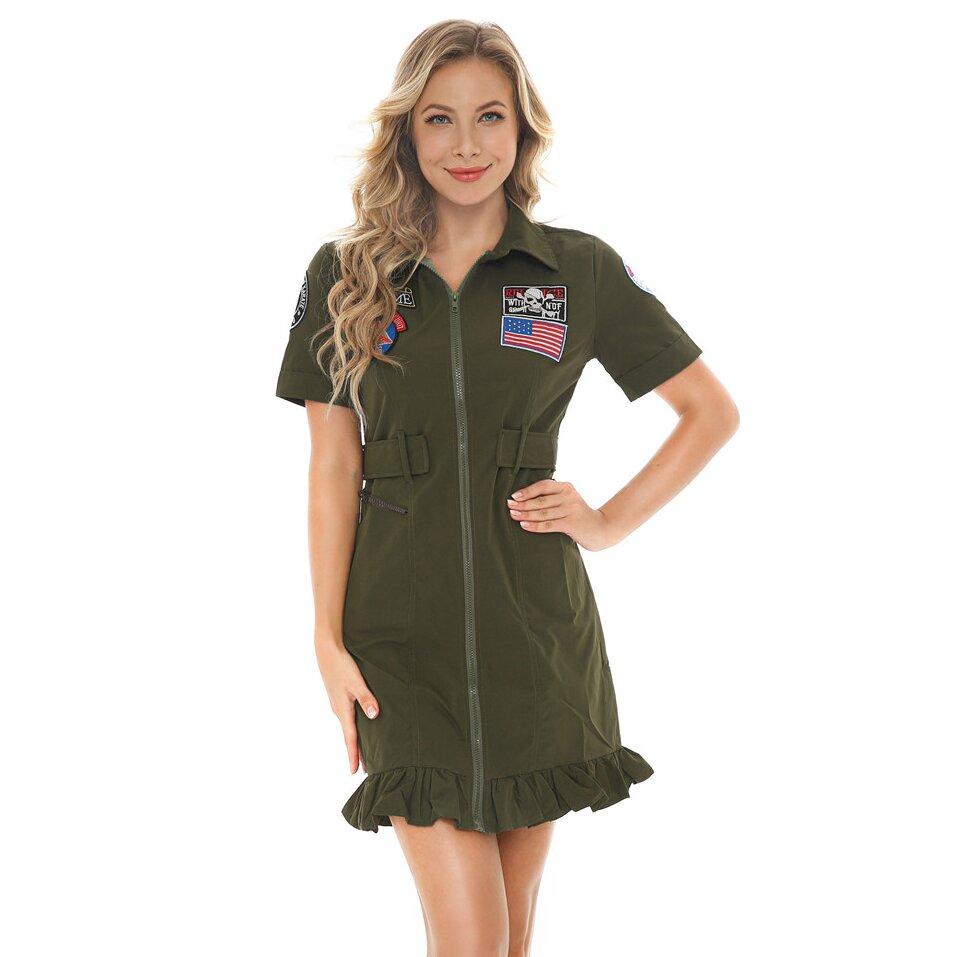 Women's Pilot Suit 80s Movie Top Gun Air Force Uniform Adult Halloween Cosplay Costume Carnival Easter Purim Fancy Dress