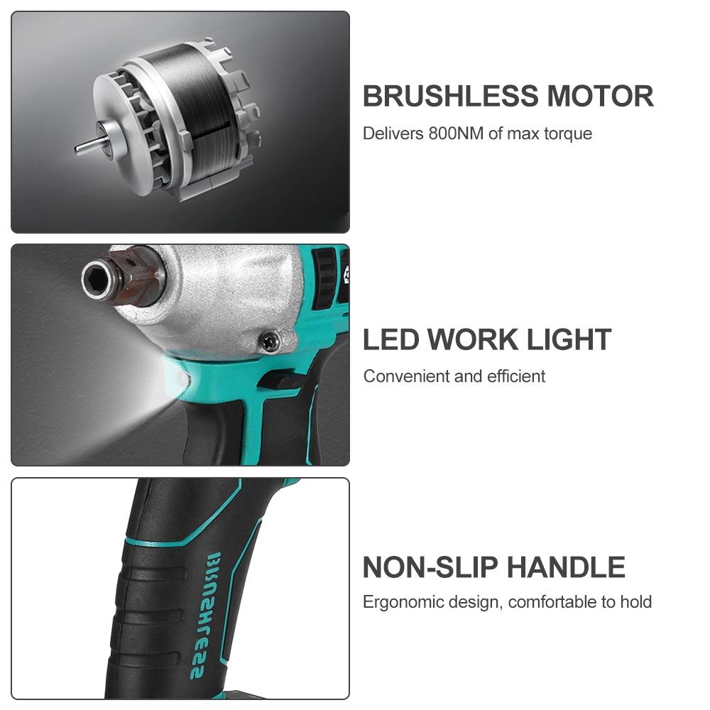 388VF 800 Нм Бесщеточный электрический ударный гайковерт 1/2 разъема Аккумуляторный ключ Отвертка Электроинструменты Перезаряжаемые для батареи 18 В