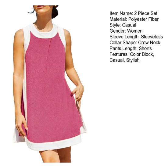 Комплект из двух вещей для женщин Летние наряды в стиле бохо с цветными блоками Без рукавов Круглый вырез Разрез сбоку Мини-платье Повседневные комплекты с шортами для отдыха