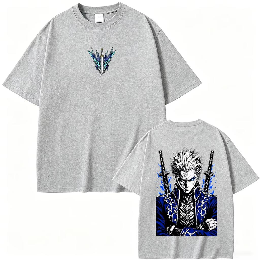 2026 Summer Game Devil May Cry Vergil Double Sided Print Graphic T-shirt Y2K Men Women Gothic Round T-shirt Retro Vintage Graphic Oversized T Shirt