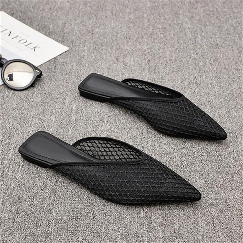 Fashion Women's Pointed Toe Slippers 2025 Summer Designer Mesh Beach Flat Shoes Slides Outside Mules Gladiator Sandals Zapatos De Mujer