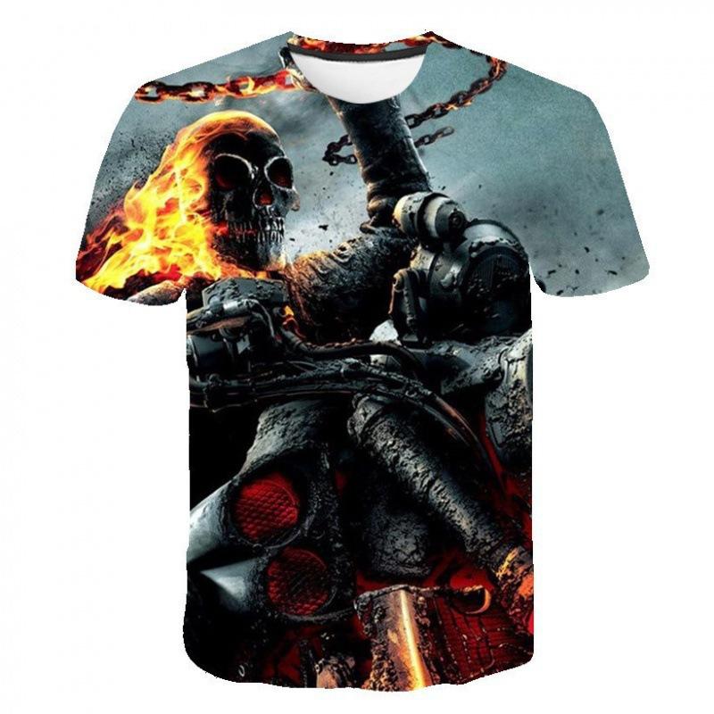 Evil Knight Skull Printed Short Sleeved T-shirt with Flame Pattern Skull Personalized Clothes for Men