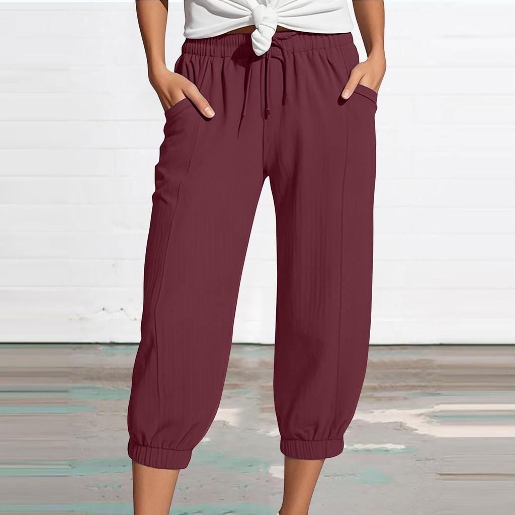 Women's Summer 3/4 Trousers Summer Trousers With Pockets Causal Loose Trousers Fabric Trousers Sport Leisure Beach Trousers