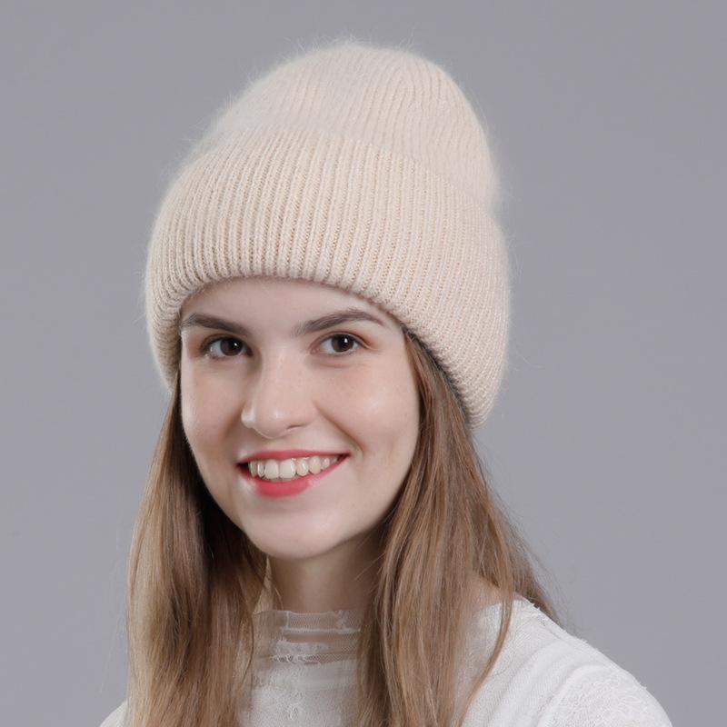 Women Autumn Winter Versatile Rabbit Hair Warm Knitted Wool Solid Color Pullover Hat