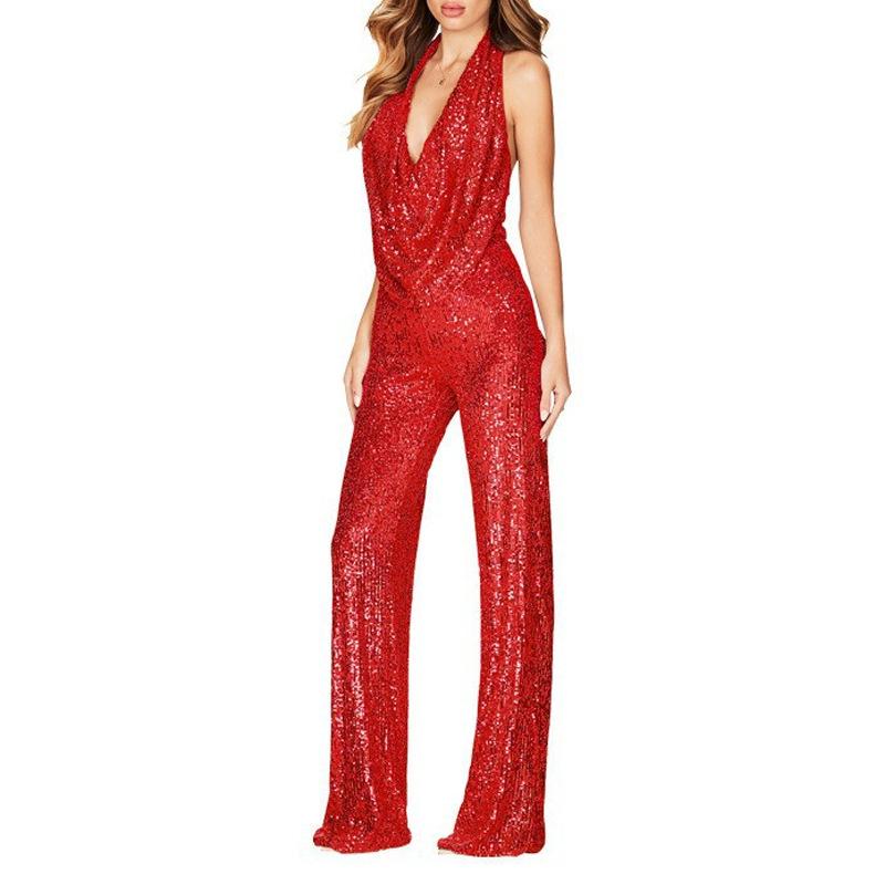 Fashion New 2025 Summer Jumpsuit Women's Sleeveless Neck Sequined Jumpsuit Women