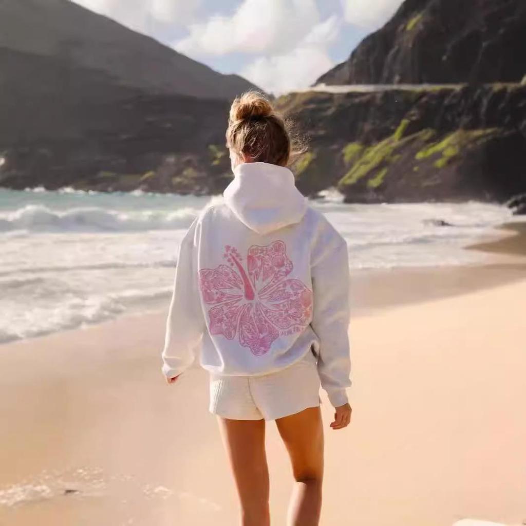 Women's 2025 Hibiscus Print Ribbed Hoodie with Drop Shoulder