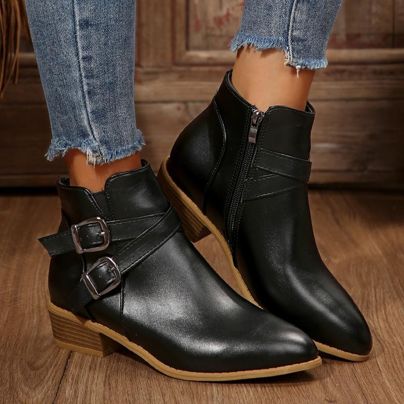 Women's Retro Roman Ankle Boots Large Size Thick Heel Pointed Toe Nude Leather Shoes
