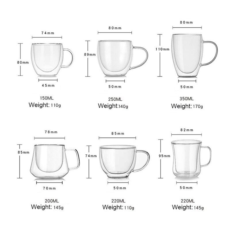 2 шт., стеклянная чашка с двойными стенками, чашки для пива, кофе, в форме сердца, термостойкая, противоожоговая ручка, кружка для напитков, чайные кружки, прозрачная посуда для напитков