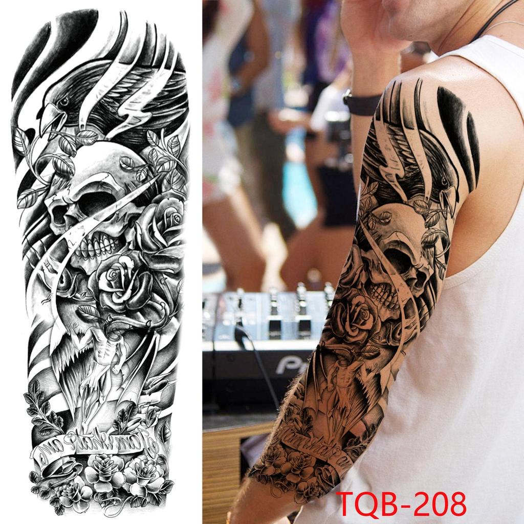New 1 PC 480*170MM Super Large Compass Wolf Head Eye Fake Lion God Feather Temporary Tattoo Sleeves For Men Women Tattoo Full Arm Tattoo Sticker