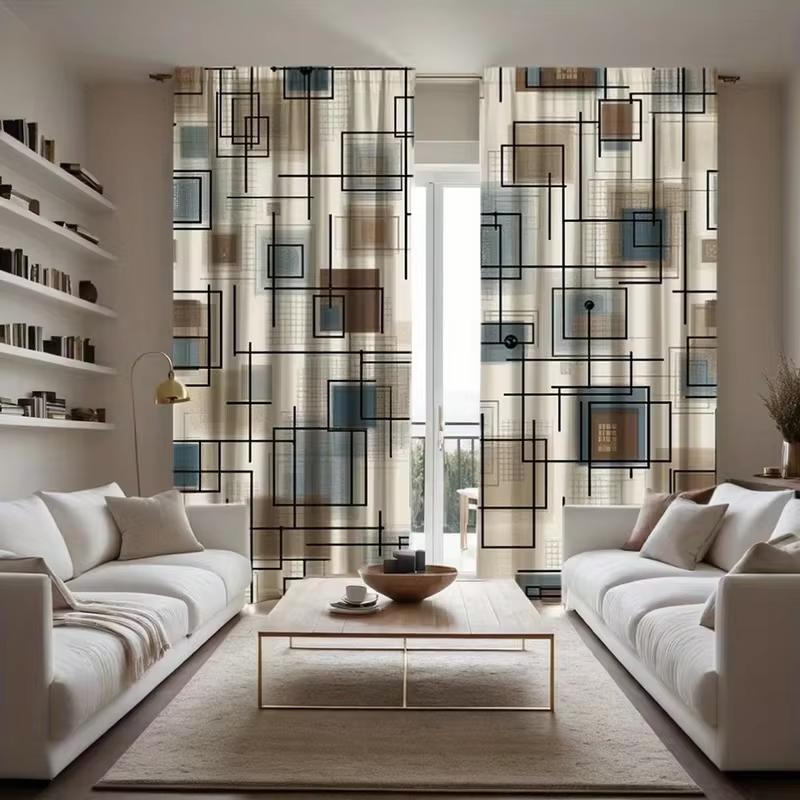 2Pcs Multicolor Geometric Square Line Pattern Curta Rod Pocket Design For Bedroom And Living Room