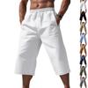 Breathable Lightweight Men Linen Cropped Capri Pants, Elastic Waist Drawstring Wide Leg 7/8 Shorts, Multi Color Casual Beach Pocket Trousers