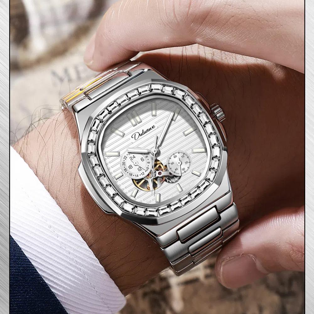 Dulunwe Часы мужские наручные с автоматическим механизмом и бриллиантами из циркония, небесно-голубые, многофункциональные, водонепроницаемые, роскошные