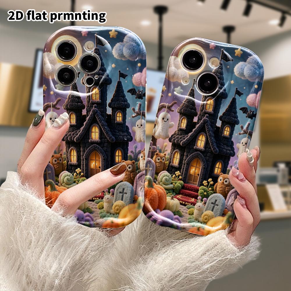 Phone Case: 2D flat design suitable for iPhone 18 17 16 15 14 13 Pro protective case, Halloween small castle, perfect holiday gift for Christmas and H