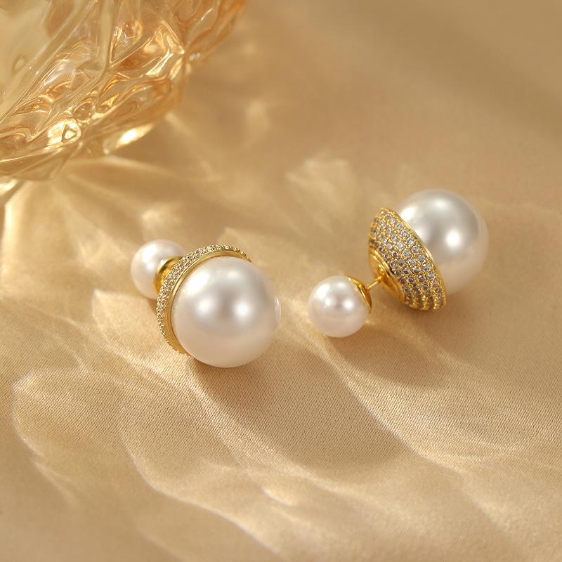 French Style Slightly Inlaid Zircon Front and Rear Wearing Pearl Earrings Light Luxury Temperament High-end Stud Earrings Simple Versatile Earrings