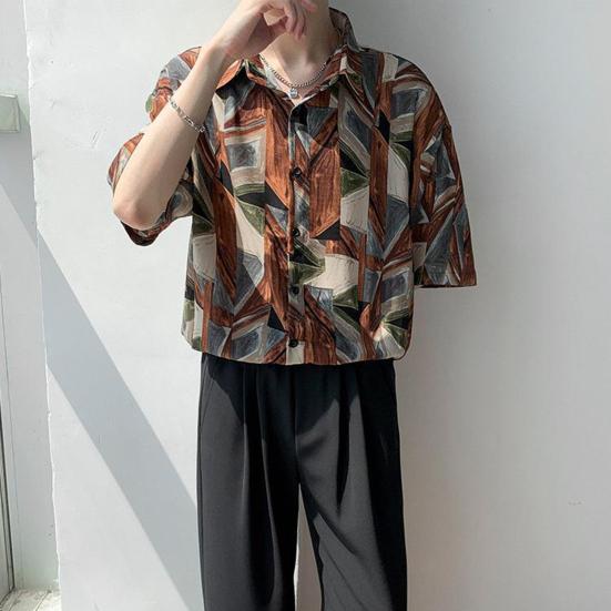 Мужская пляжная рубашка с короткими рукавами, насыщенные цвета, винтажные Гавайские свободные брюки, однобортный отложной воротник, мужская рубашка для отпуска, мужская одежда