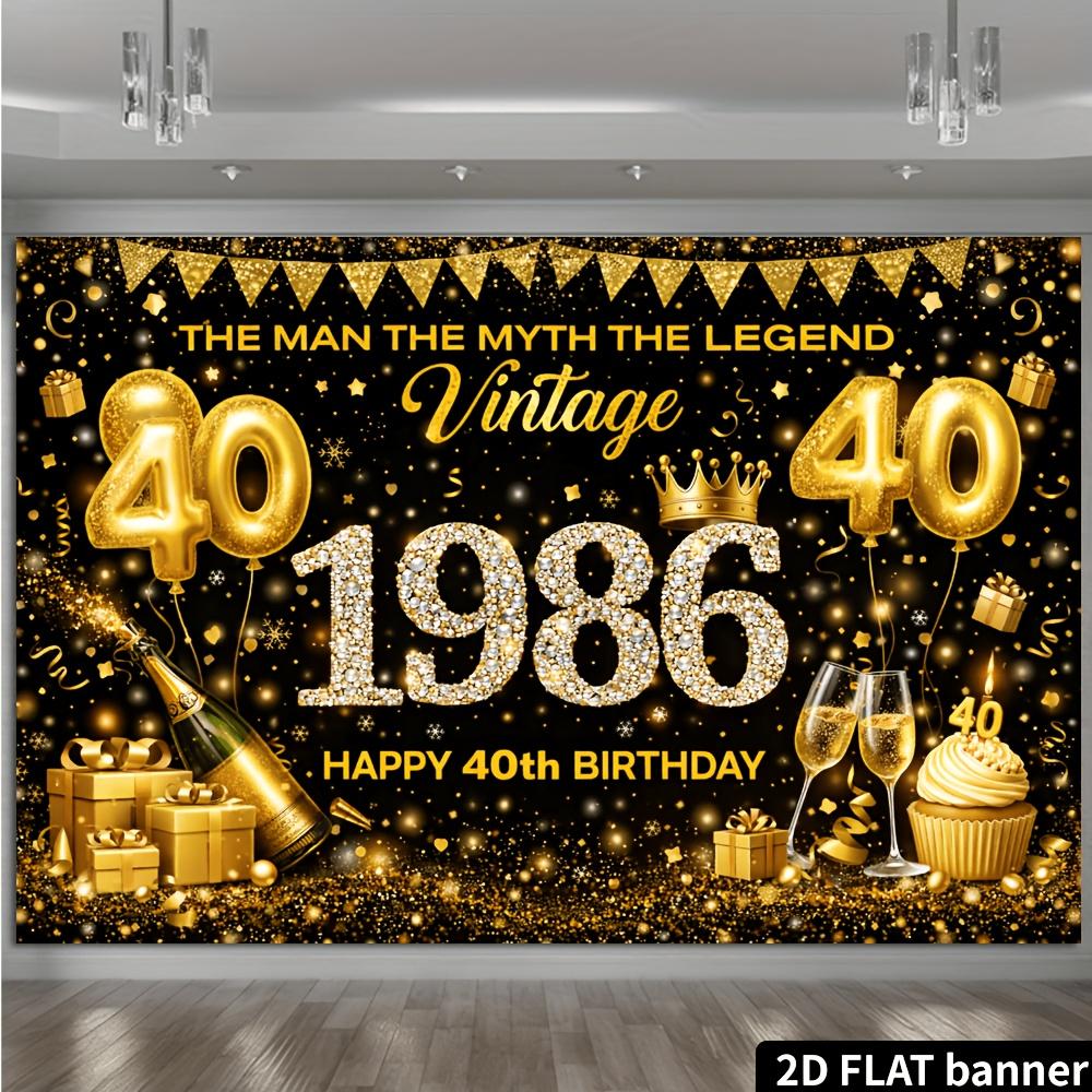 2D plane 40th birthday party banner background - black and gold retro theme, with golden balloons