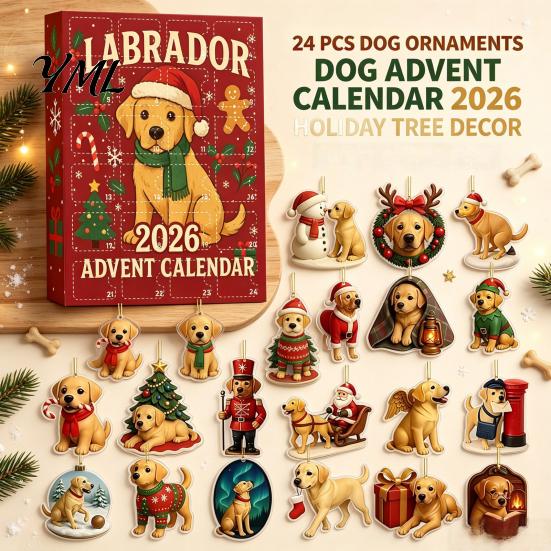 Labrador Retriever Themed Gifts 2026 Advent Calendar, 24 Days 2D Flat Acrylic Dog Ornaments Christmas Winter Holiday Ornament Collection Countdown