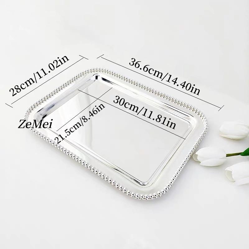 European Style Square Shape Fruit Plate,36 cm Pearl Dot Silver Metal Cake Plate Home Food Tray, Snack Disc Table Decoration