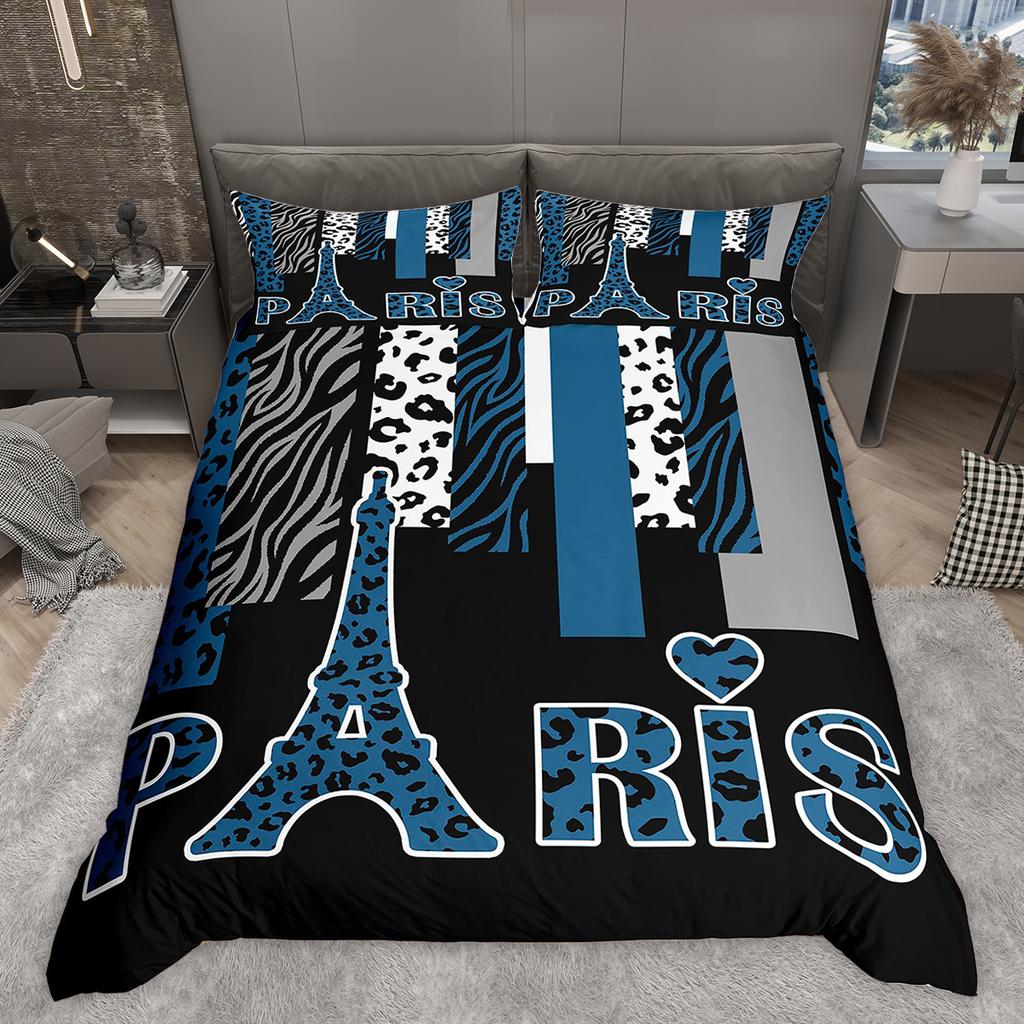 Homewish Romantic Paris Duvet Cover Set, Animal Print Stripes Bedding Set, Star Love Heart Printed Comforter Cover Set