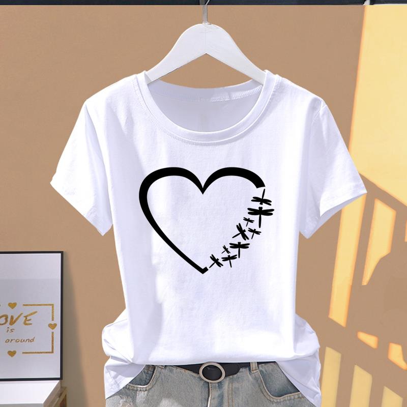Азиатский размер - женская женская футболка, женская футболка со стрекозой, любовью и сердцем, милая одежда, повседневный летний топ с принтом, модная футболка с коротким рукавом и рисунком