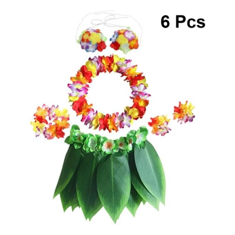 6-piece Hawaiian Costume Set, Plastic Skirt For Beach Cost