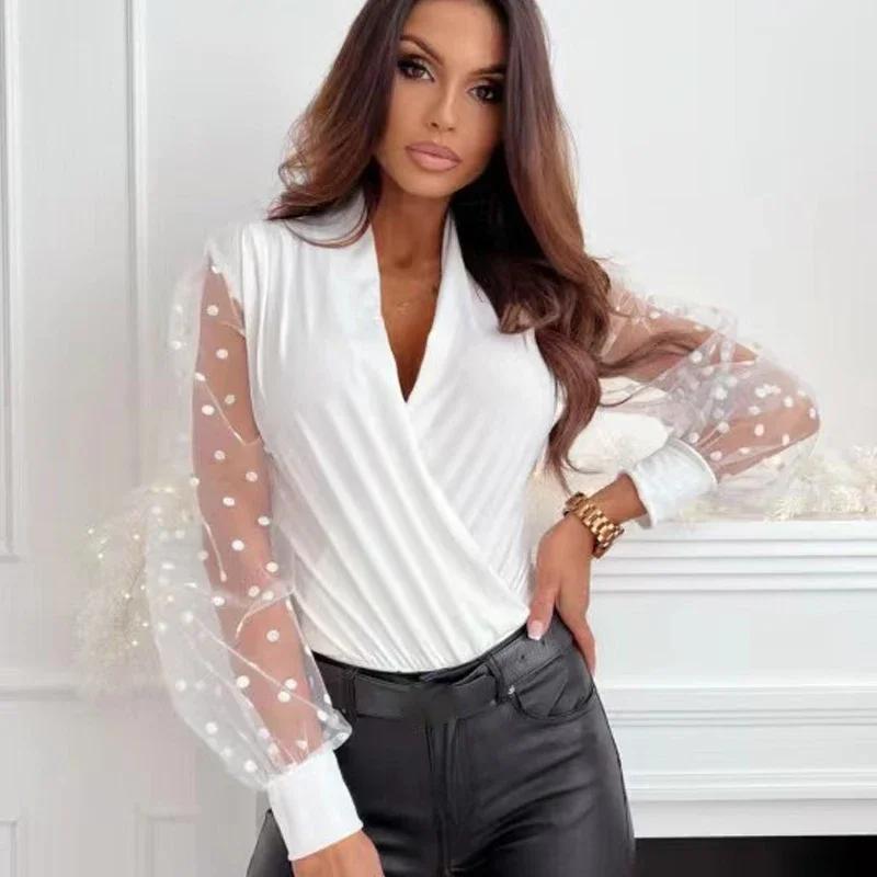 Новая мода весна-лето офисная женская женская блузка с длинным рукавом с кружевом в горошек сексуальные однотонные белые женские блузки облегающие женские топы 9183