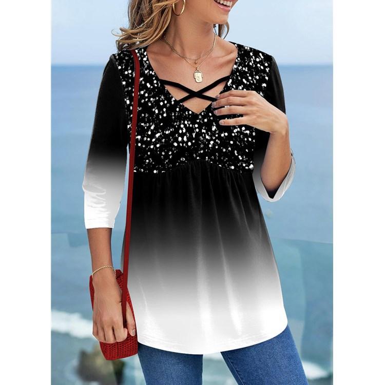 Женская мода повседневная весна-осень блузки и рубашки с рукавами 3/4 и V-образным вырезом